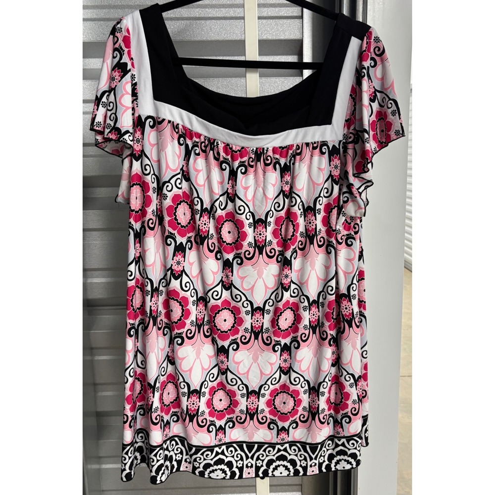 AB Studio Woman Pink Black Floral Paisley Square Neck Blouse 2X 73Q07